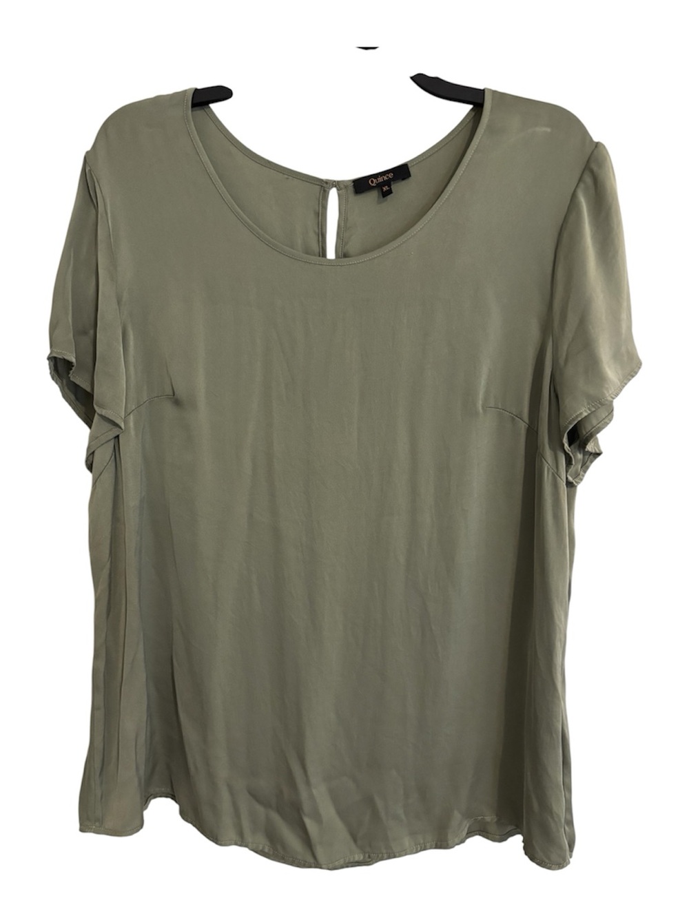 XL Quince Olive 100% Silk Short Sleeve Round Neck Blouse